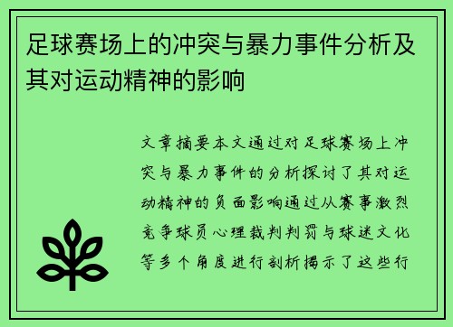 足球赛场上的冲突与暴力事件分析及其对运动精神的影响