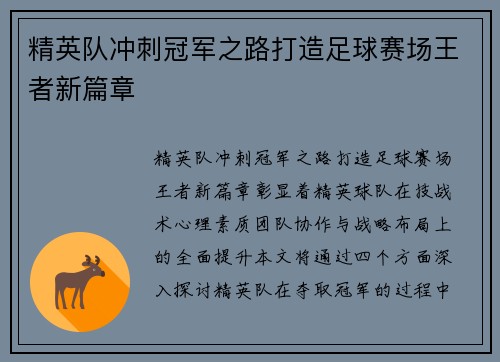 精英队冲刺冠军之路打造足球赛场王者新篇章