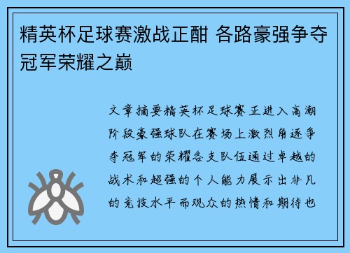 精英杯足球赛激战正酣 各路豪强争夺冠军荣耀之巅