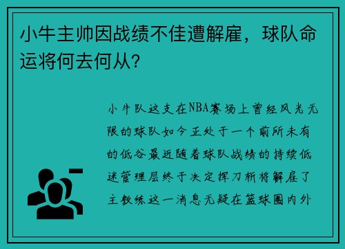 小牛主帅因战绩不佳遭解雇，球队命运将何去何从？