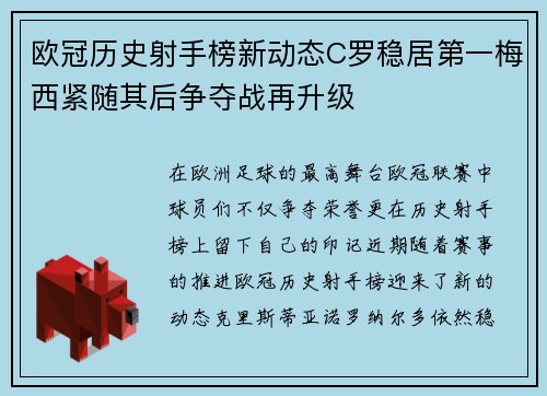 欧冠历史射手榜新动态C罗稳居第一梅西紧随其后争夺战再升级