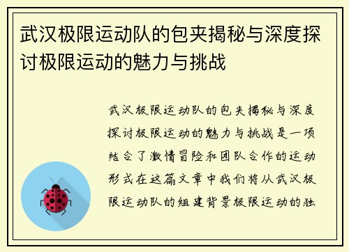 武汉极限运动队的包夹揭秘与深度探讨极限运动的魅力与挑战