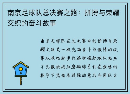 南京足球队总决赛之路：拼搏与荣耀交织的奋斗故事